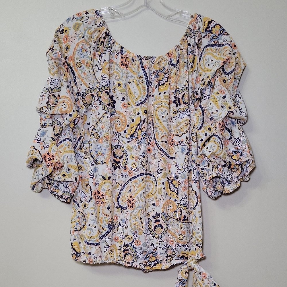 CeCe Paisley Top Ruffle Puff Sleeves Front Side Tie